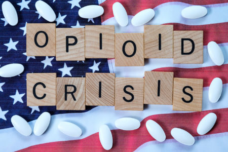 Text depicting opioid epidemic on American flag background