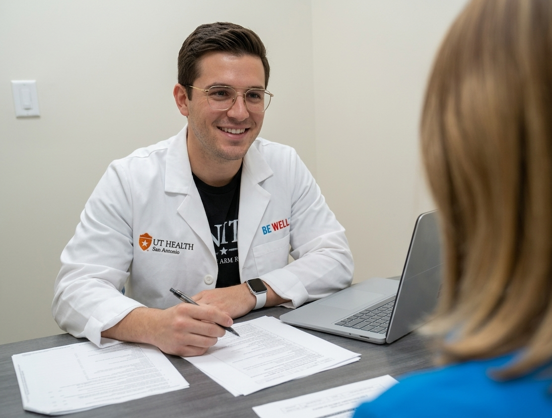 Provider and patient discussing clinical trials paperwork